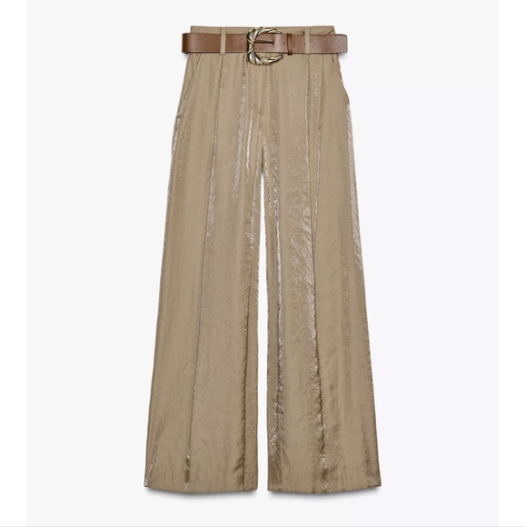 ZARA SATIN WIDE-LEG BELTED PANTS - Picture 1 of 6